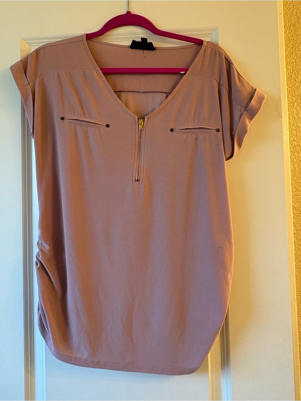 Sweet Wanderer Blush Pink V-Neck Zip Front Blouse